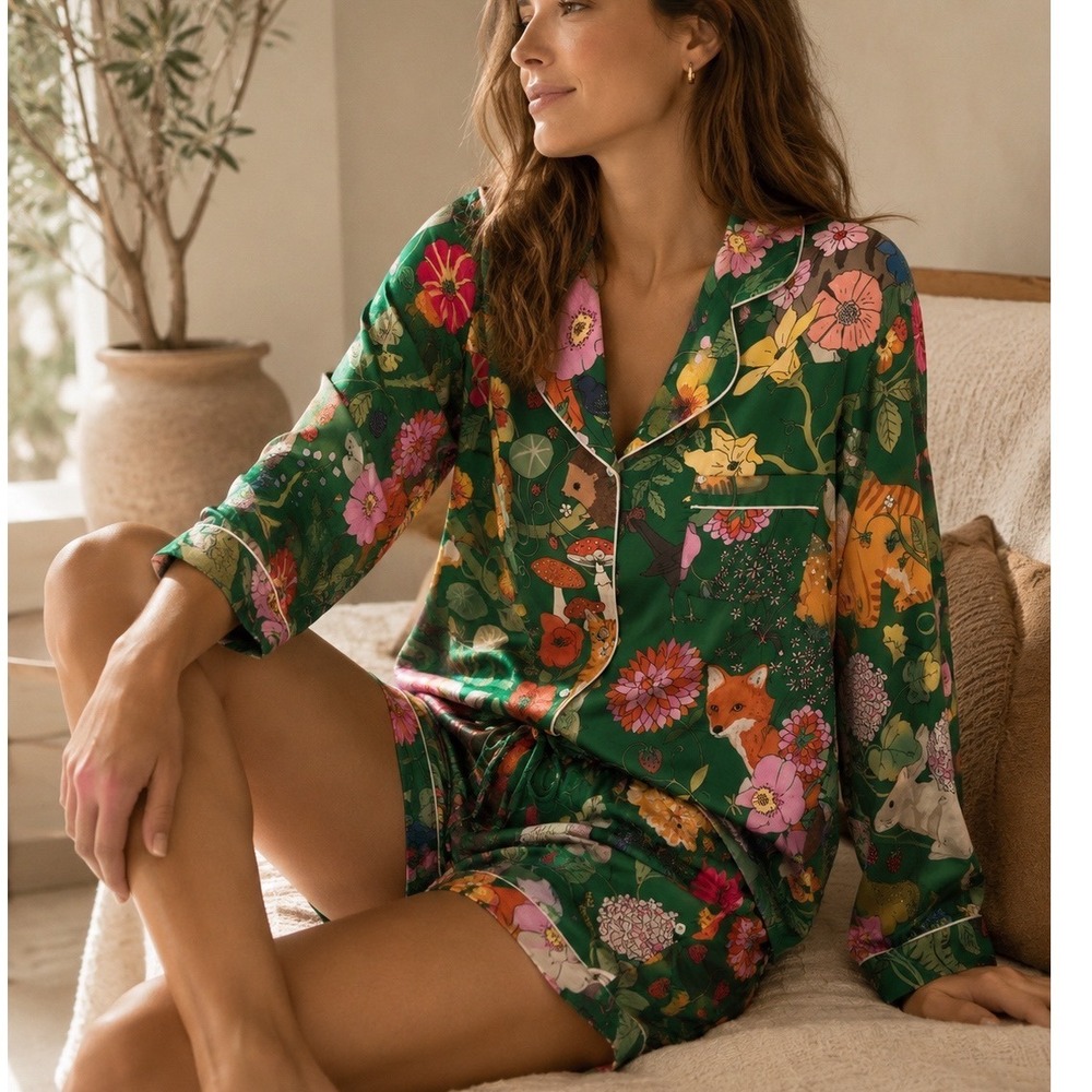 Karen Mabon Pajama Set Womens Medium Green Wild Creatures Animal Floral Satin